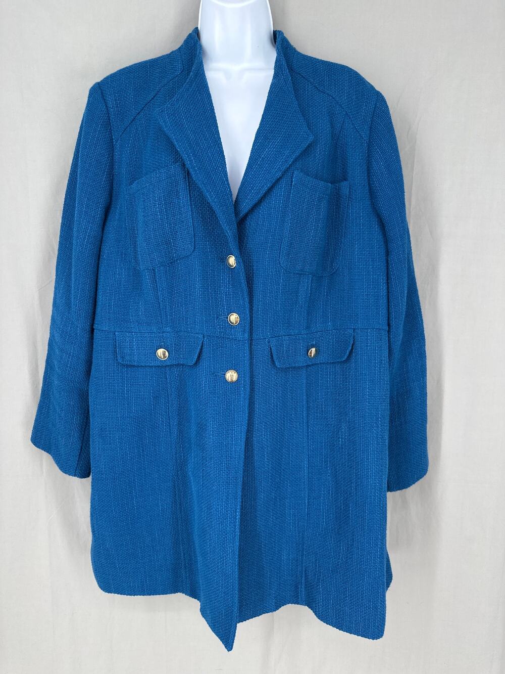 Chicos Jacket Coat Womens XL 3 Blue Peacoat Tweed Long Office Gold Button